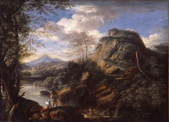 Mountain Landscape with Figures and a Man Bathing